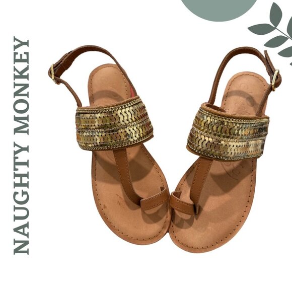 Boho Trimmed T-Strap Sandals by Naughty Monkey Brown Leather Gold Sequins Size 7 - Picture 7 of 8